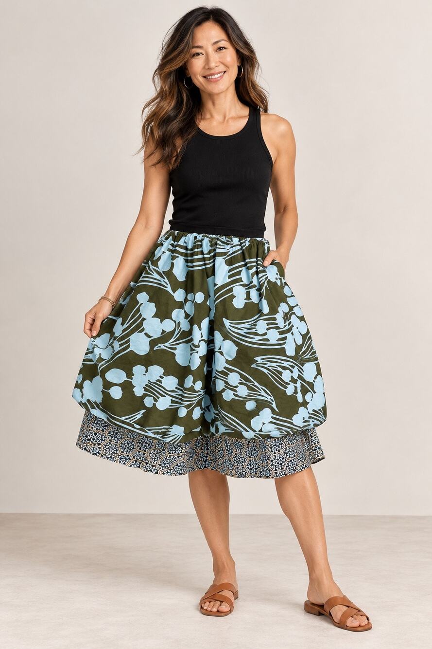Orangy Porangy Lagenlook Balloon Skirt L Olive Turquoise Mixed Print Artsy
